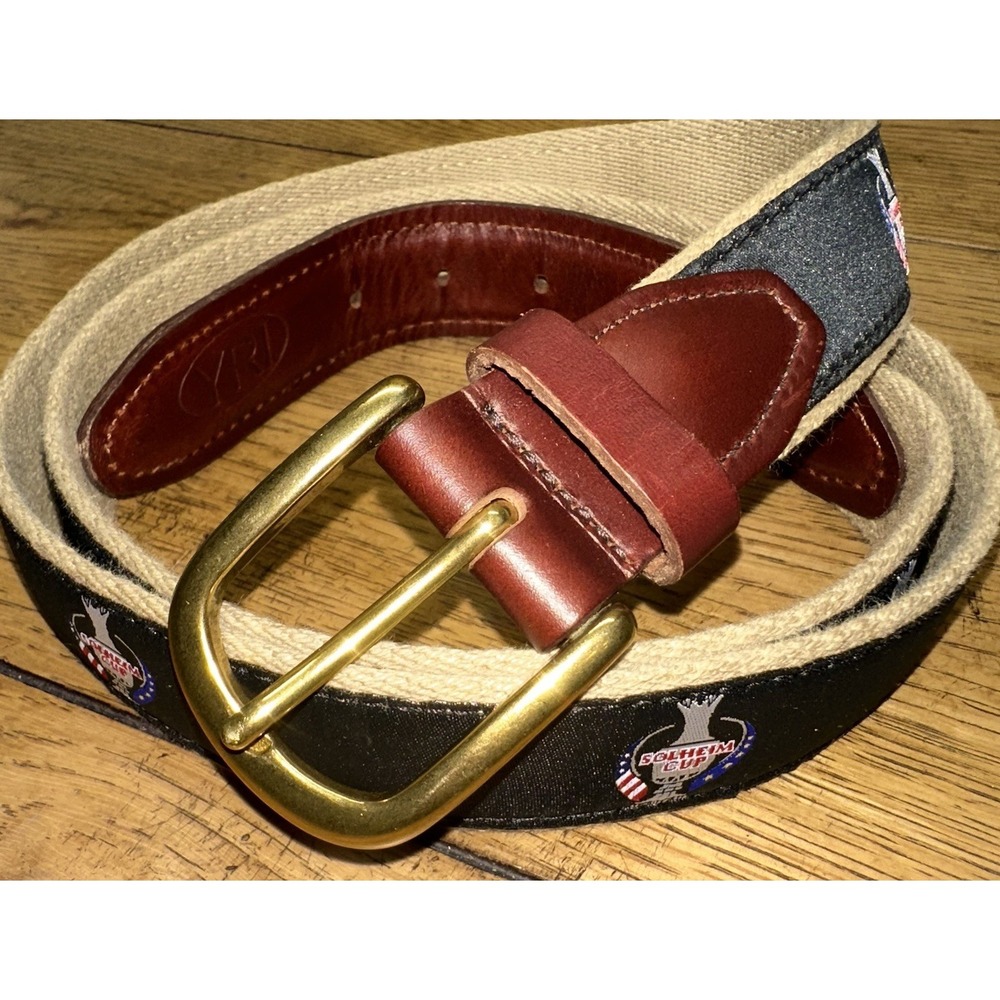YRI Embroidered Canvas Brass &‎ Leather Ribbon Golf Belt SOLHEIM CUP Size 44 USA